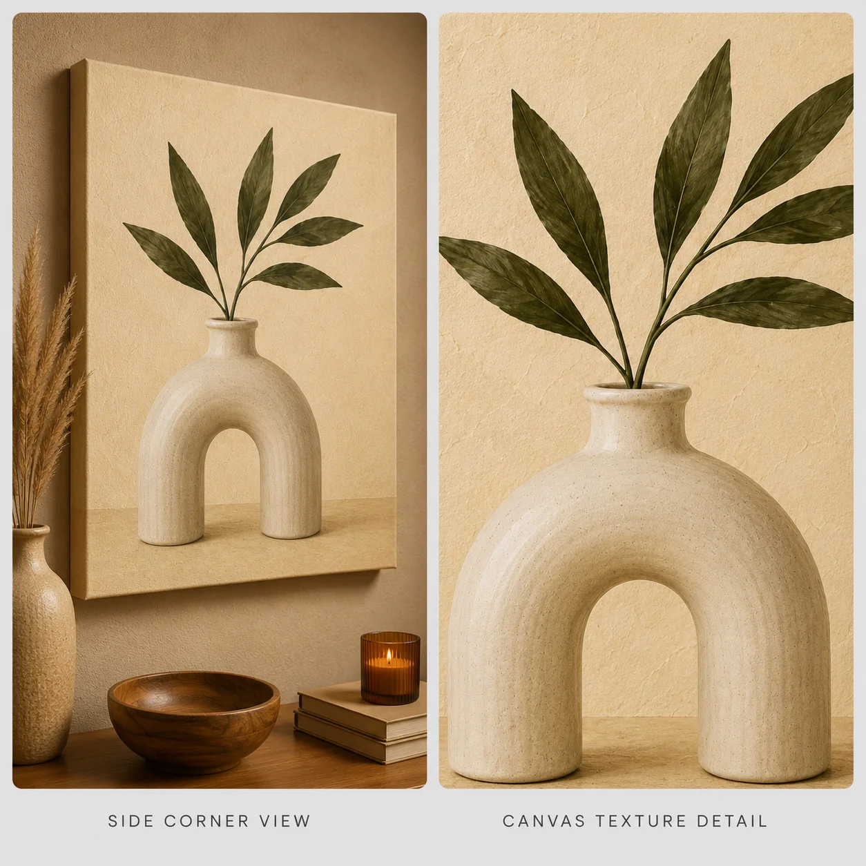Minimalist Arch Vase with Green Leaves Canvas Print - Warm Cream Botanical Still Life Wall Art - Image 4