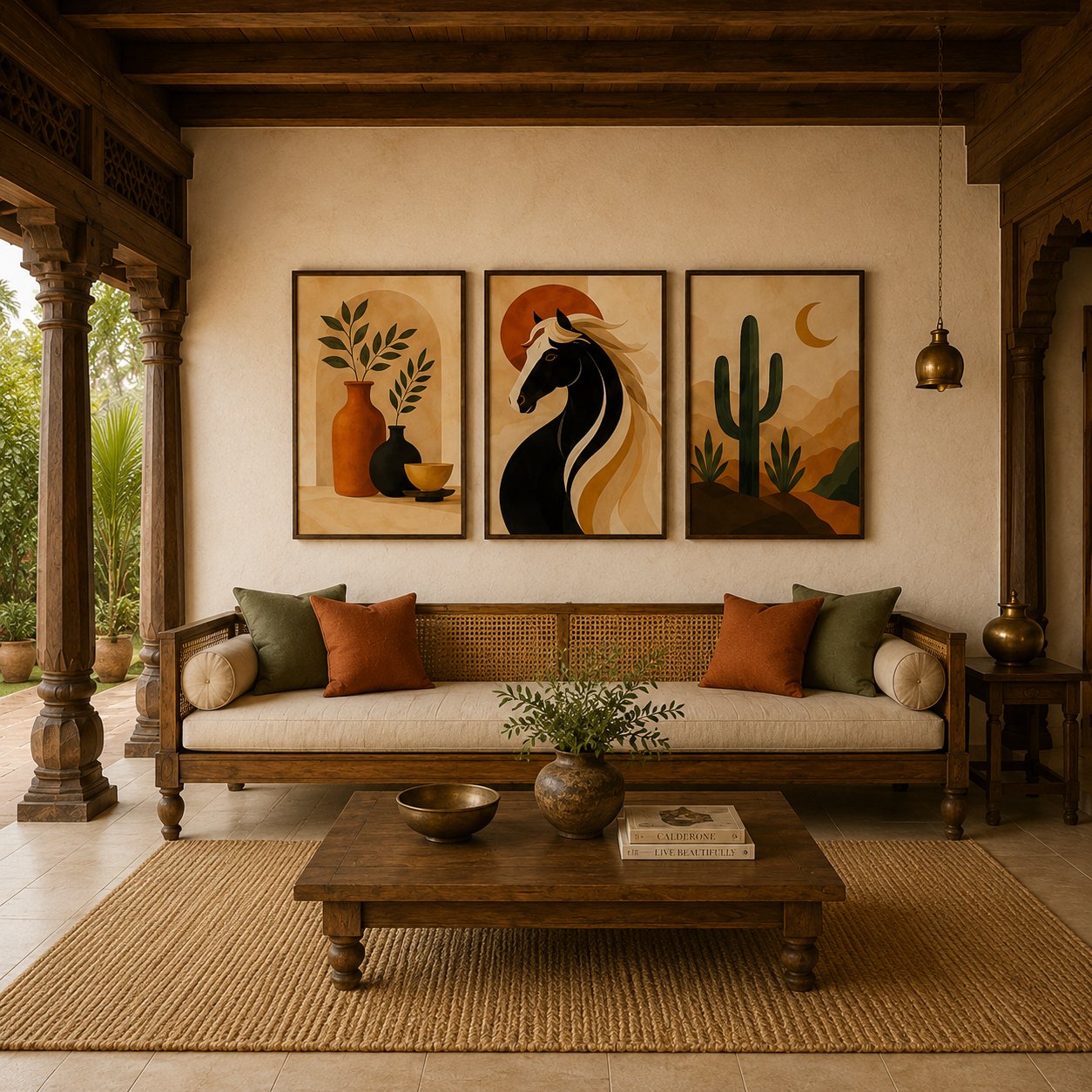 Minimalist Desert Horse & Saguaro Cactus Canvas Art – Organic Modern Triptych Print Set - Image 4