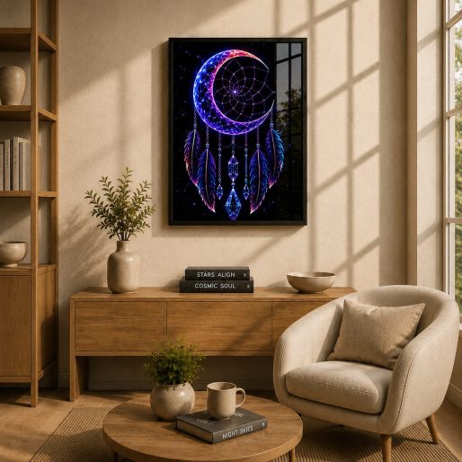 Crescent Moon Celestial Dreamcatcher – Mystical Crystals & Neon Galactic Wall Art Blockout Print