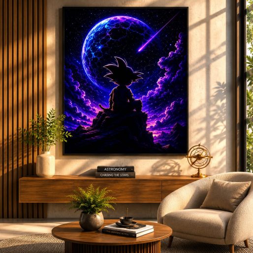 Cosmic Saiyan Solitude – Mystical Planet & Shooting Star Neon Anime Wall Art Blockout Print