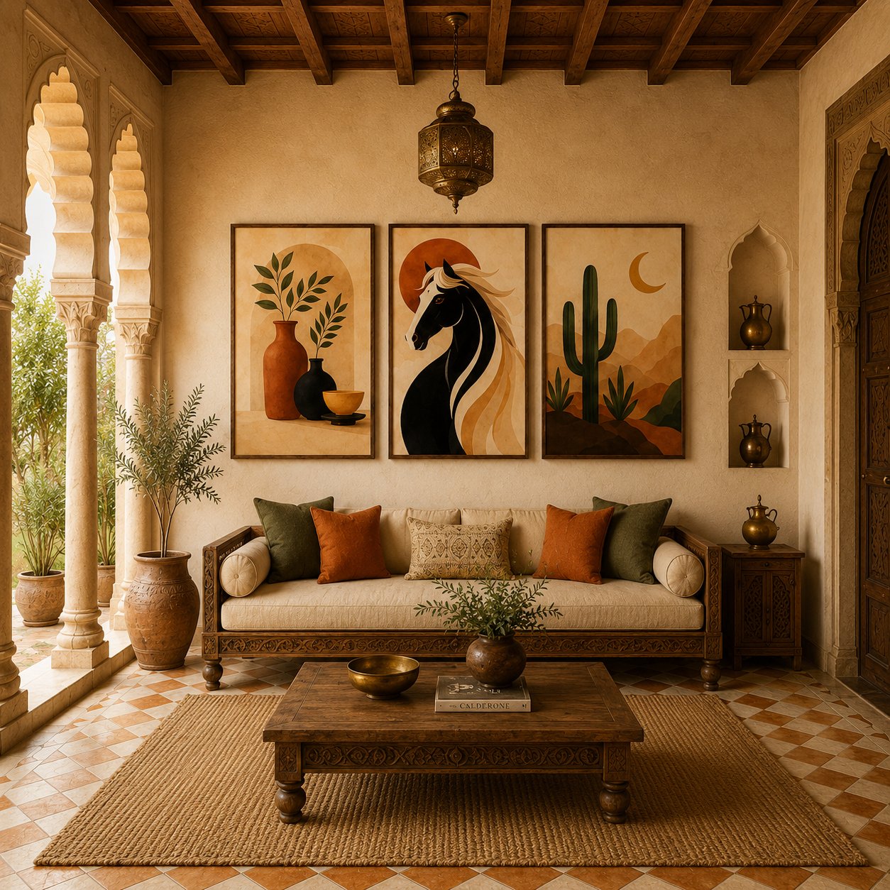 Minimalist Desert Horse & Saguaro Cactus Canvas Art – Organic Modern Triptych Print Set - Image 2