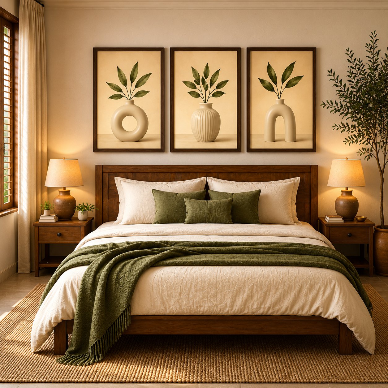 Minimalist Ceramic Donut Vases & Olive Branch Canvas Art – Organic Modern Triptych Print Set - Image 4