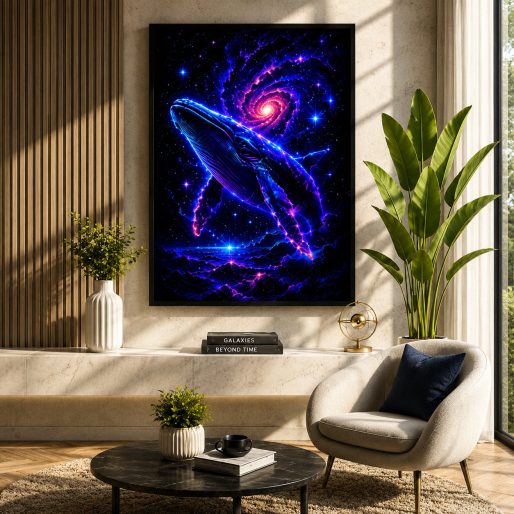Celestial Humpback Whale – Swirling Galaxy Neon Cosmic Ocean Wall Art Blockout Print