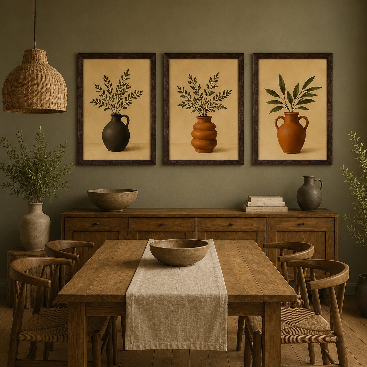 Minimalist Terracotta Pottery & Olive Branch Canvas Art – Organic Modern Triptych Print Set - Image 5