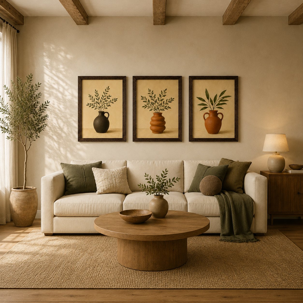 Minimalist Terracotta Pottery & Olive Branch Canvas Art – Organic Modern Triptych Print Set - Image 2