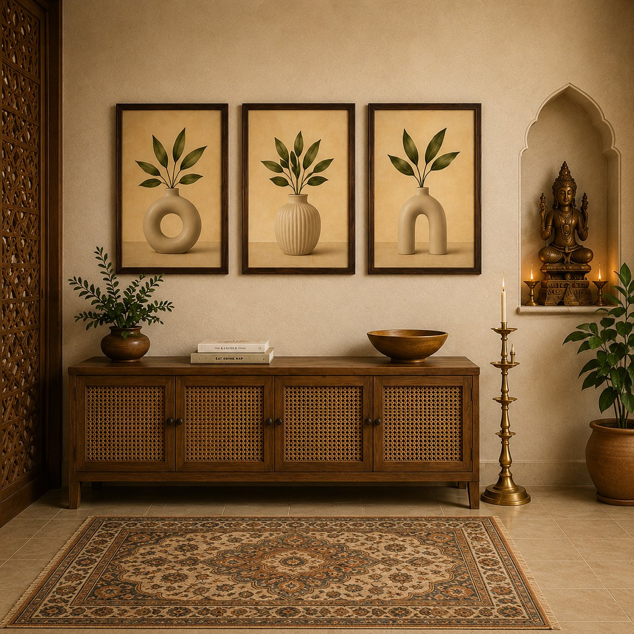 Minimalist Ceramic Donut Vases & Olive Branch Canvas Art – Organic Modern Triptych Print Set - Image 2