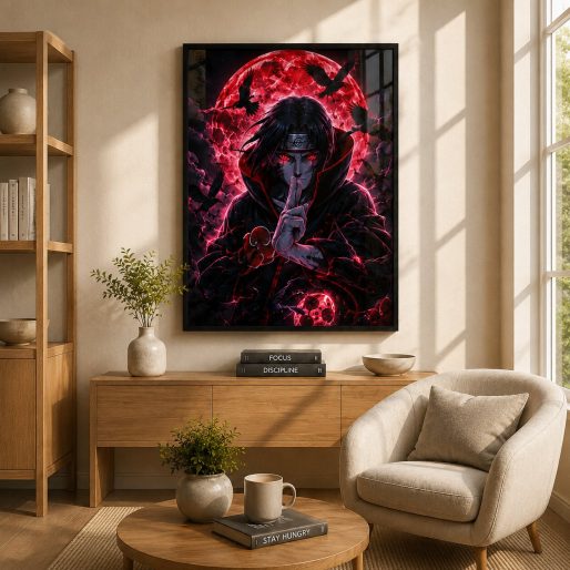 Shadow of the Akatsuki – Crimson Moon Illusion Anime Wall Art Blockout Print