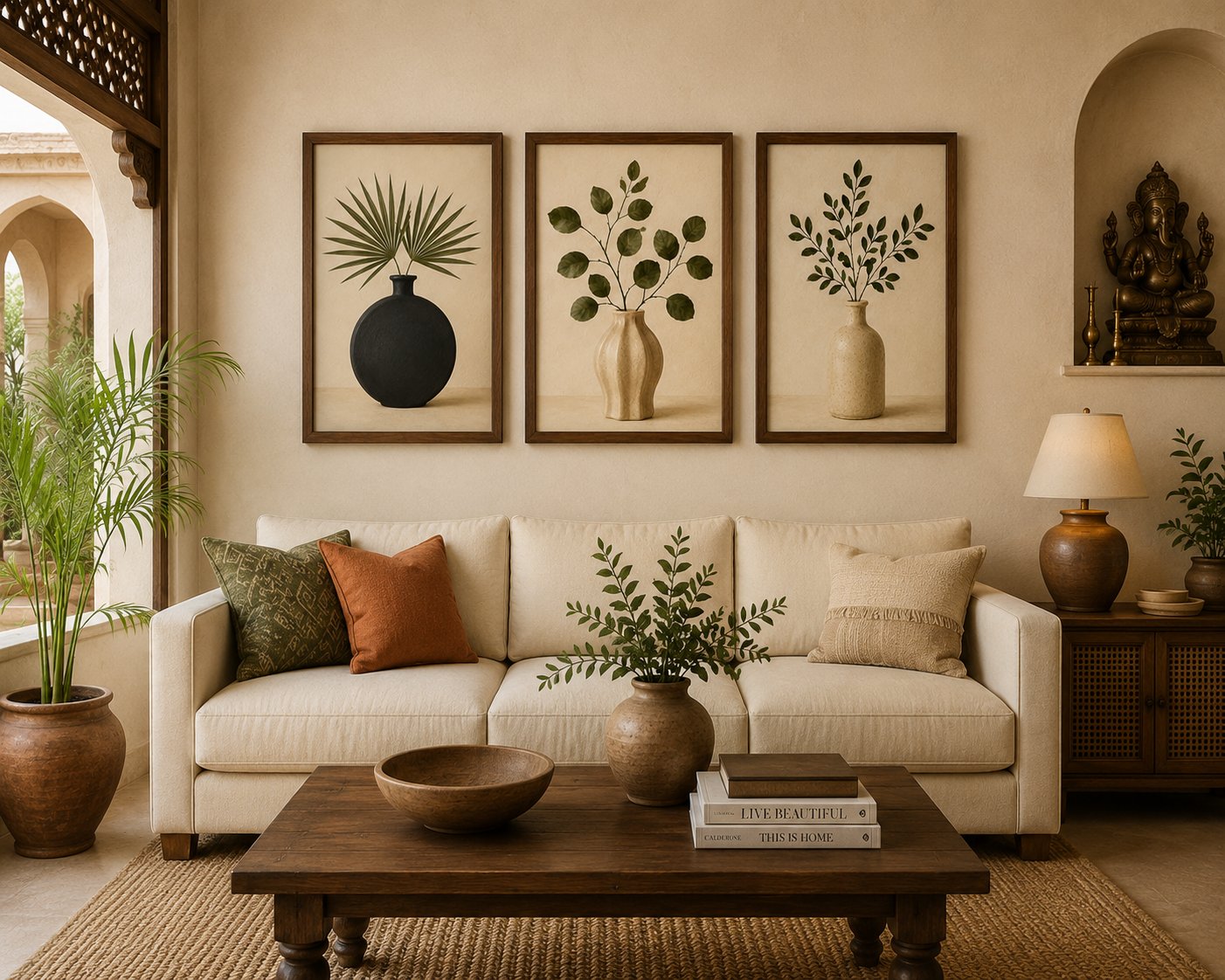 Minimalist Fan Palm & Eucalyptus Canvas Art – Organic Modern Triptych Print Set - Image 4