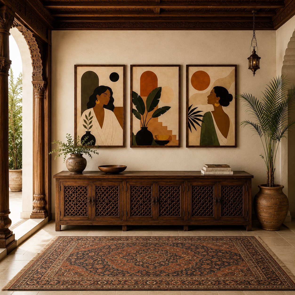 Boho Tropical Leaves & Woman Silhouette Canvas Art – Earthy Minimalist Portrait Print Set - Image 2