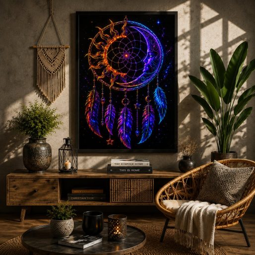 Celestial Sun and Moon Dreamcatcher – Neon Cosmic Day & Night Wall Art Blockout Print