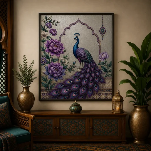Luxury Royal Peacock Canvas Art – Premium Silver Metallic Mughal Arch Print