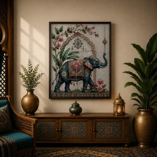 Luxury Royal Elephant Canvas Art – Premium Silver Metallic Mughal Arch Print