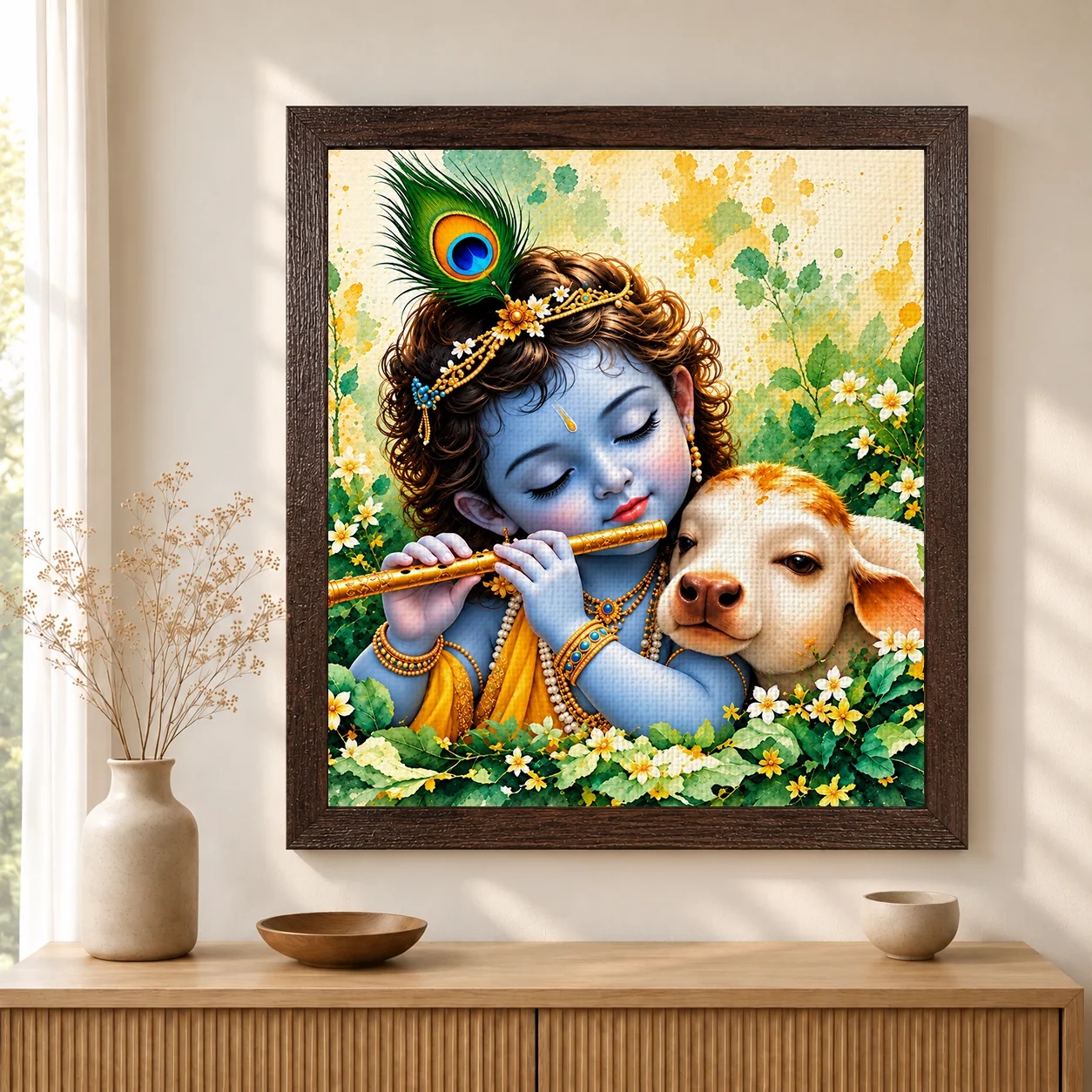 Sweet Devotion – Little Krishna & Calf Spiritual Canvas Print - Image 3