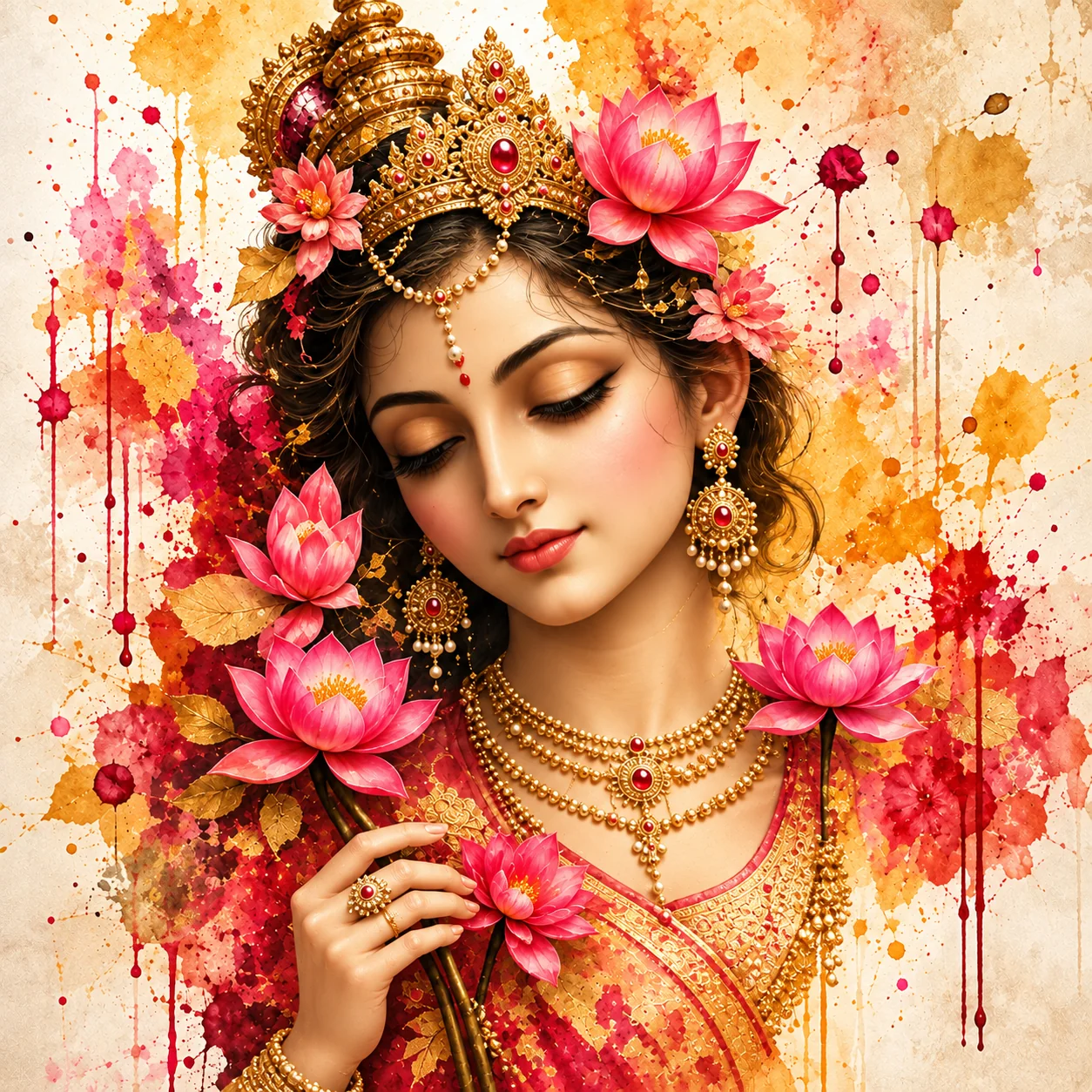 Radiant Grace – Goddess Radha Lotus Spiritual Canvas Print - Image 2