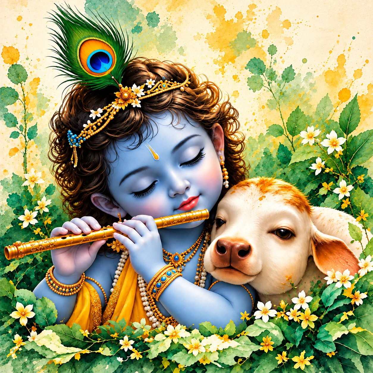 Sweet Devotion – Little Krishna & Calf Spiritual Canvas Print - Image 2