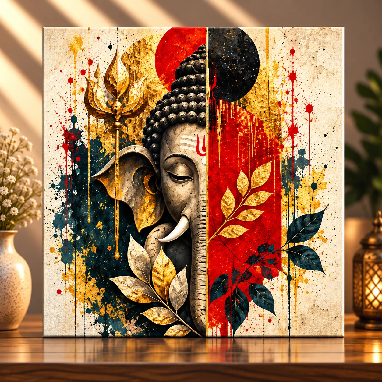 Dual Harmony – Lord Ganesha Split Concept Spiritual Canvas Print