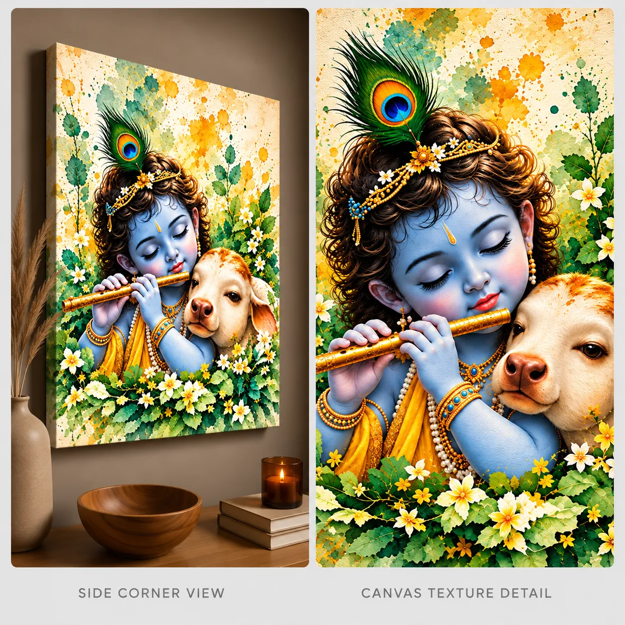 Sweet Devotion – Little Krishna & Calf Spiritual Canvas Print - Image 4